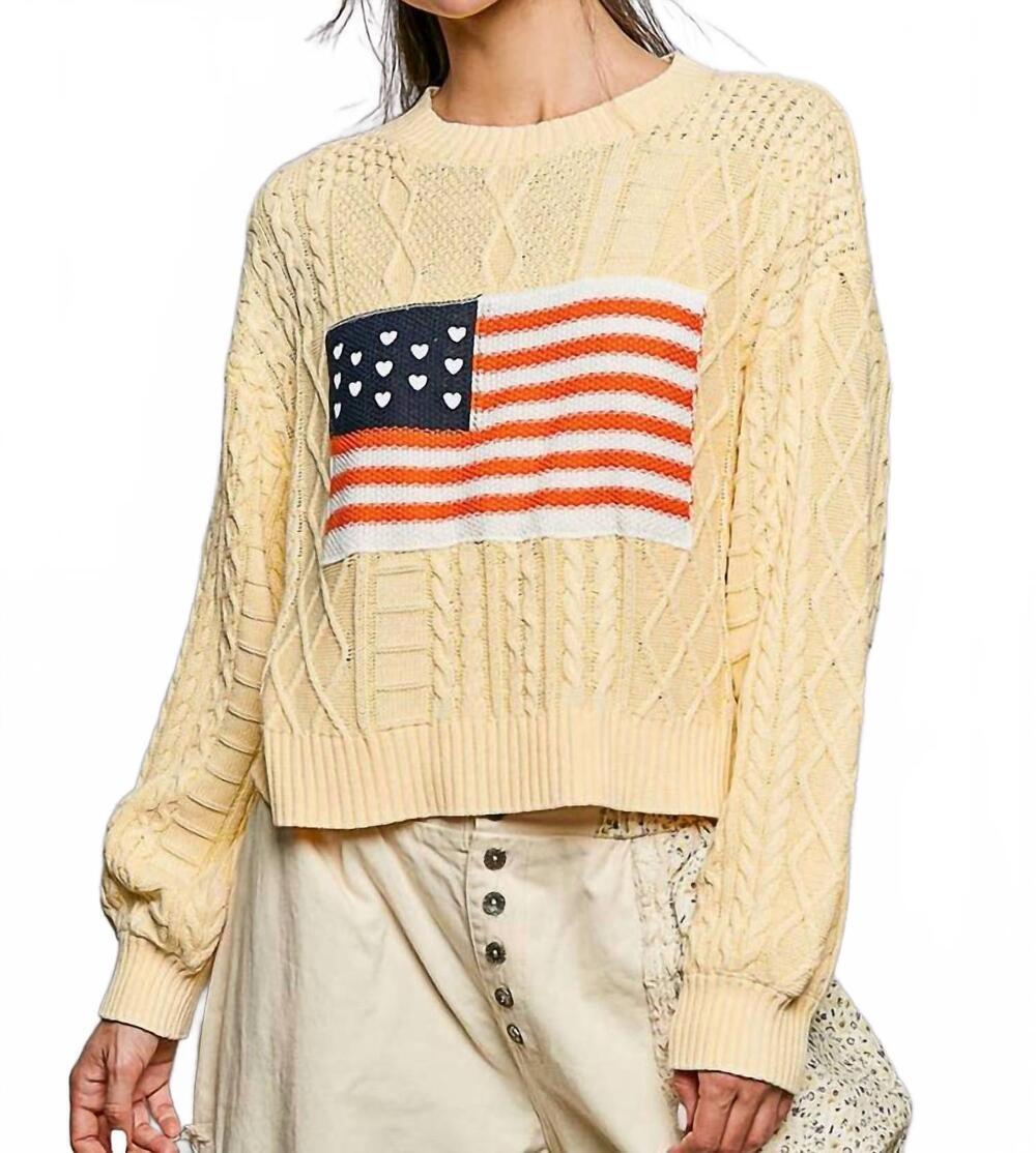 NEW POL american flag star stitch acrylic cable sweater in pineapple